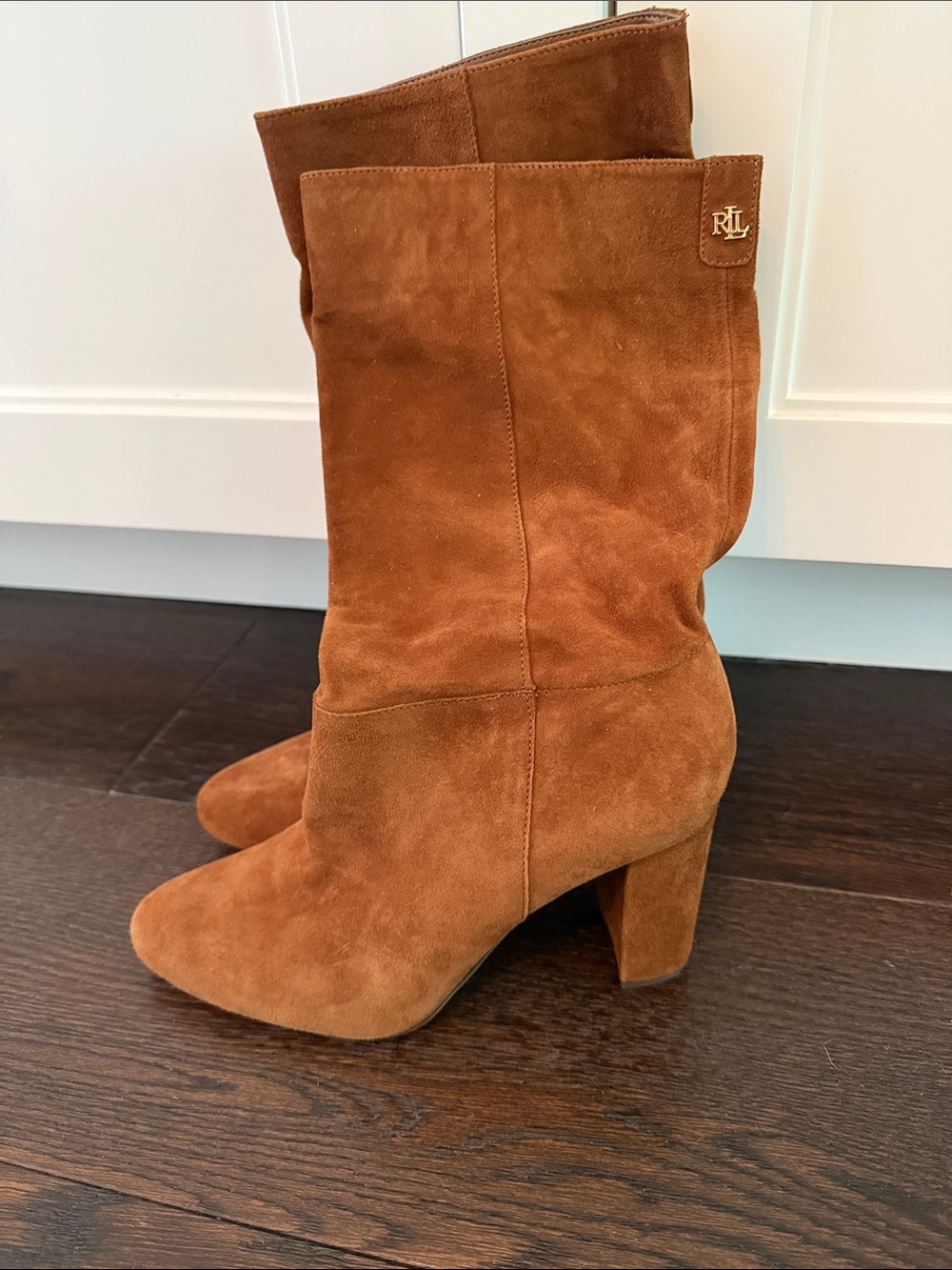 Ralph Lauren Chestnut Suede Block Heel Mid-Calf Boots